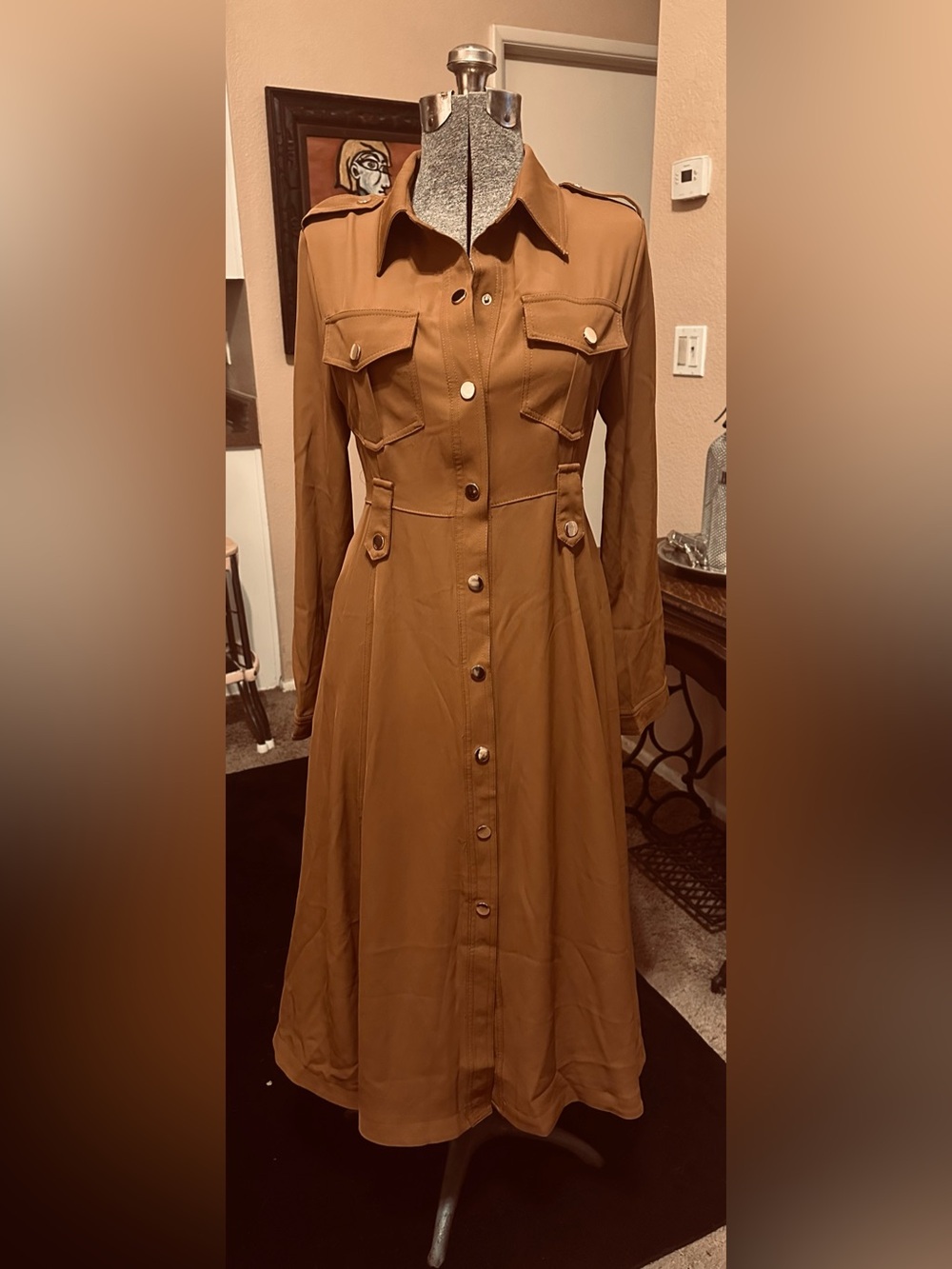 Balmain Long-Sleeve Button-Front Shirt Dress in Camel Brown